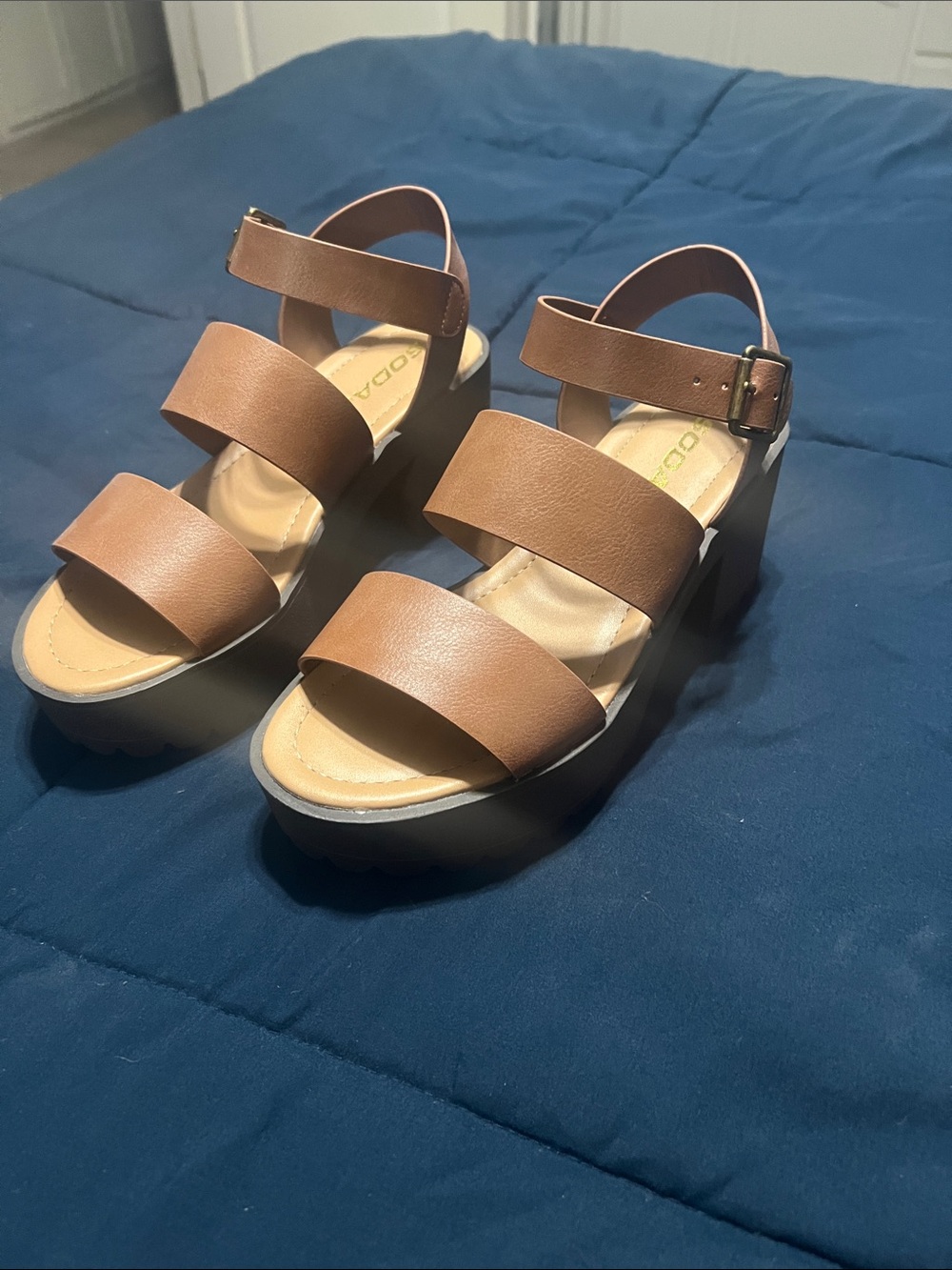Soda Brown Strappy Chunky Heel Sandals - Women's